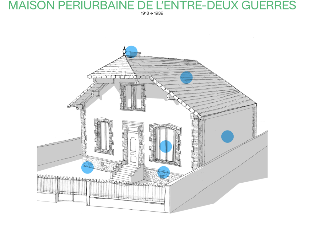 Schéma avec améliorations thermiques d'une maisons périurbaine de l'Entre-deux-guerres 